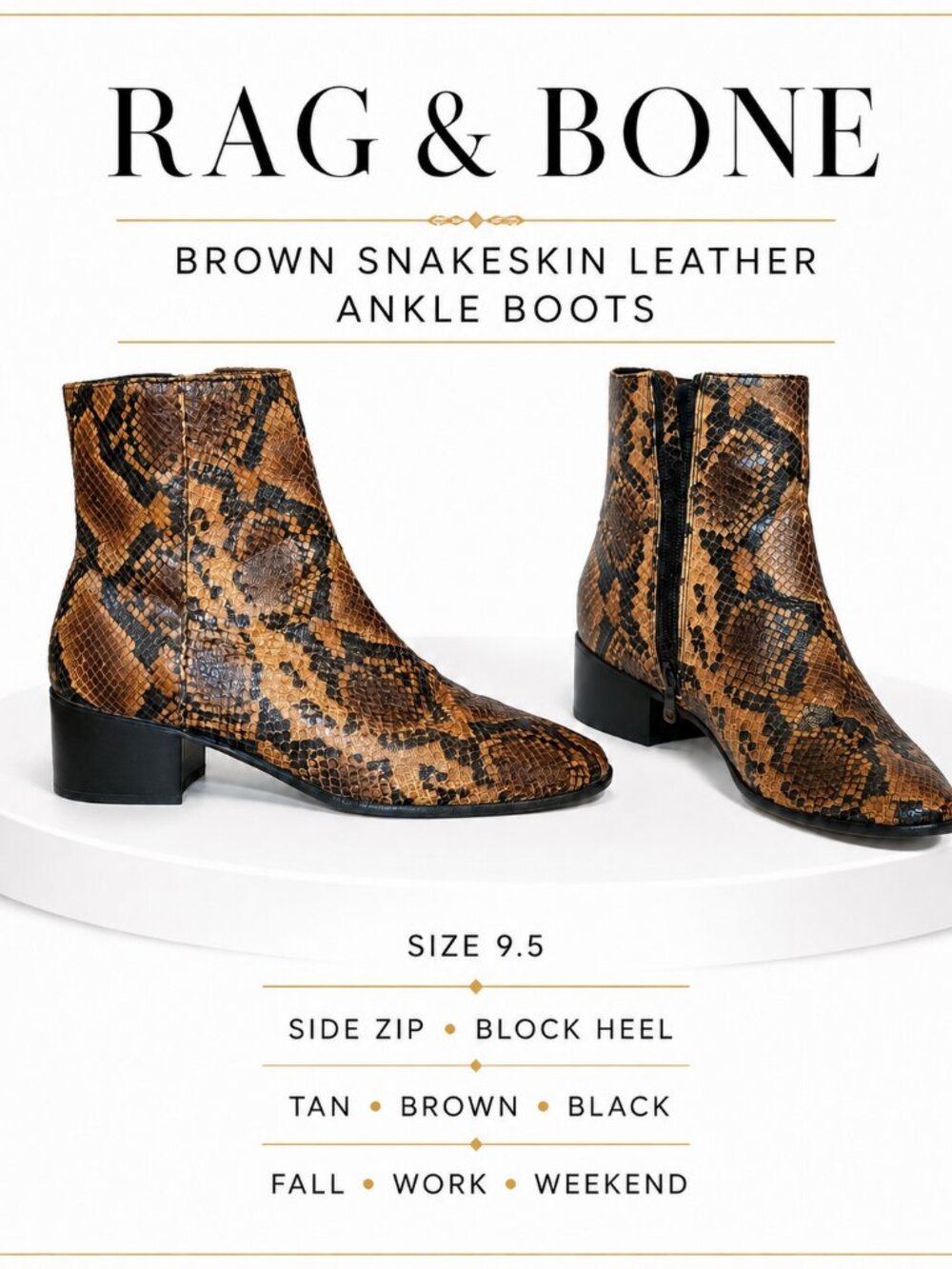 Rag & Bone Leather Ankle Boots Women’s Size 9.5 Brown Snakeskin Print Block Heel